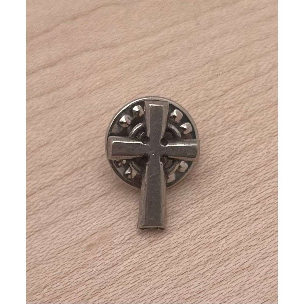 Pewter Cross Lapel Pin Signed BSD